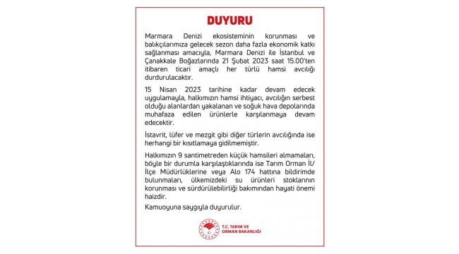 Boğazlarda ve Marmara Denizi'nde 'Hamsi Avcılığı' 15 Nisan 2023'e Kadar Durdurulacak